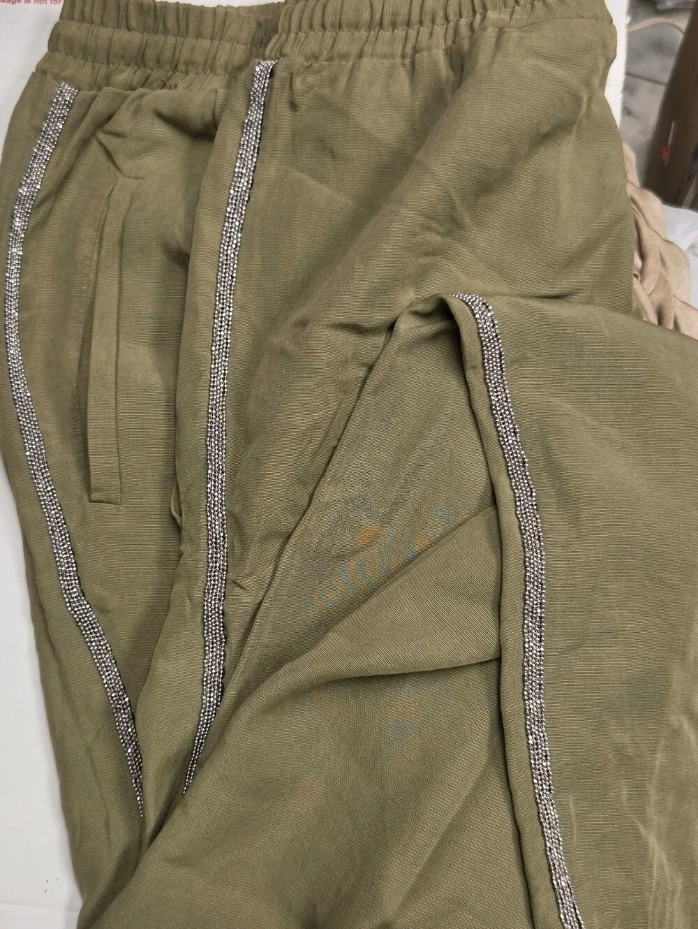 ZARA Green Jogger Pants High Rise Elastic Waist Cropped Embellished Stripe M